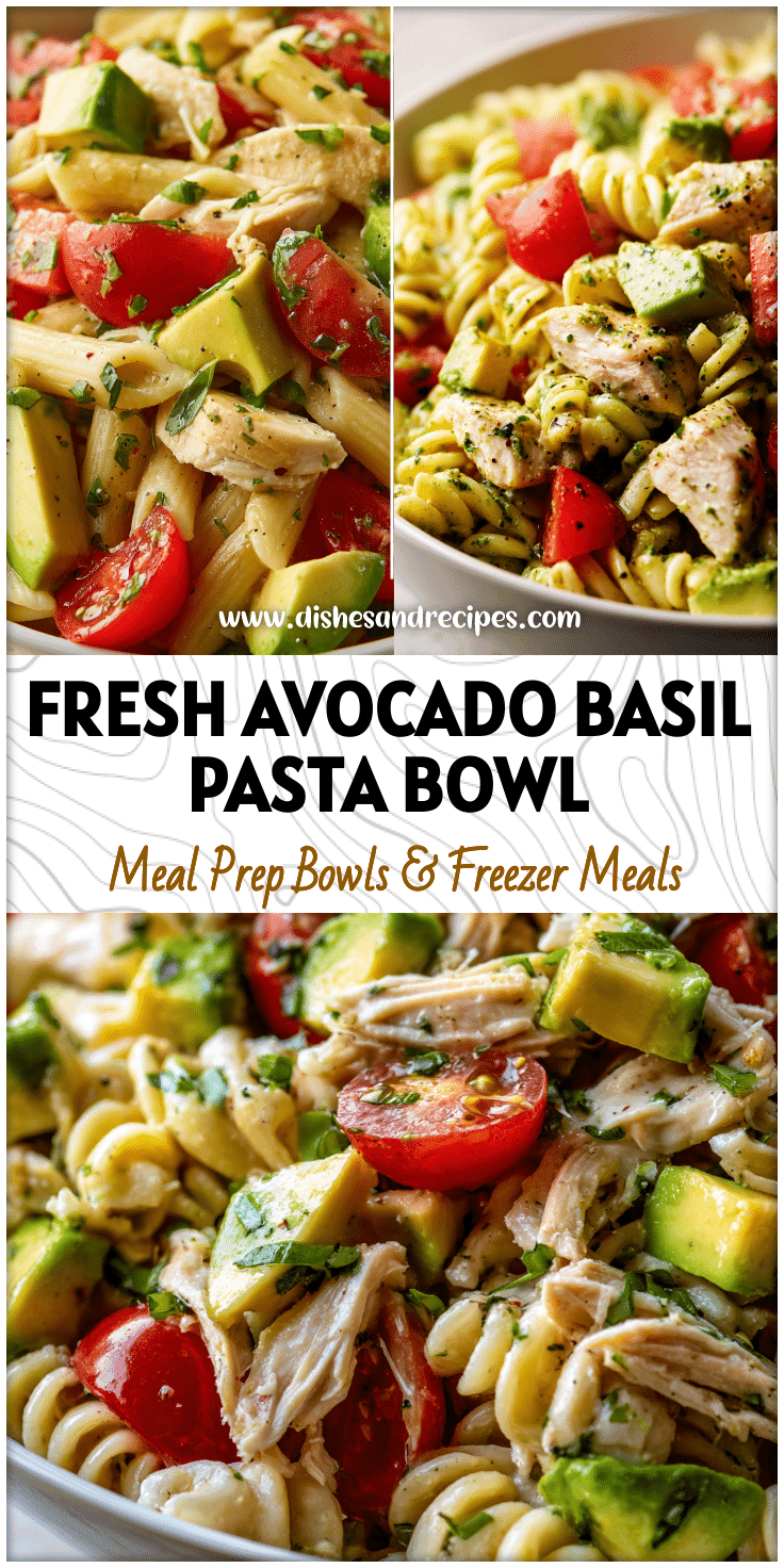Close-up of Avocado Basil Chicken Pasta Salad with diced tomato and sliced avocado in a white bowl.